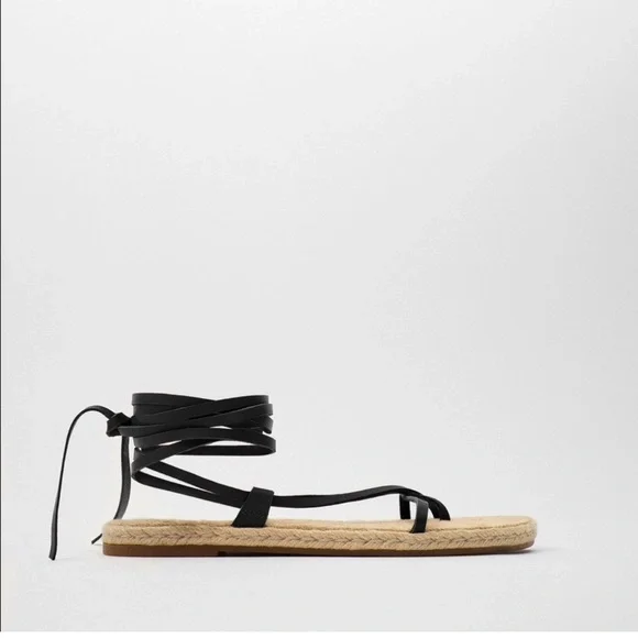 tied leather flat sandals zara